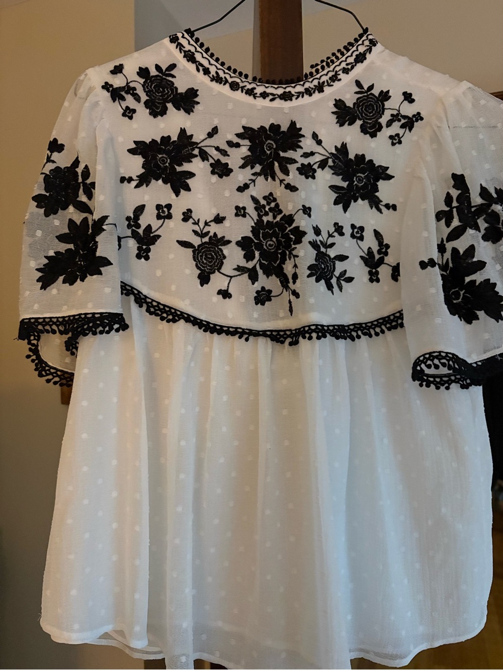 Zara White Top with Black Floral Embroidery